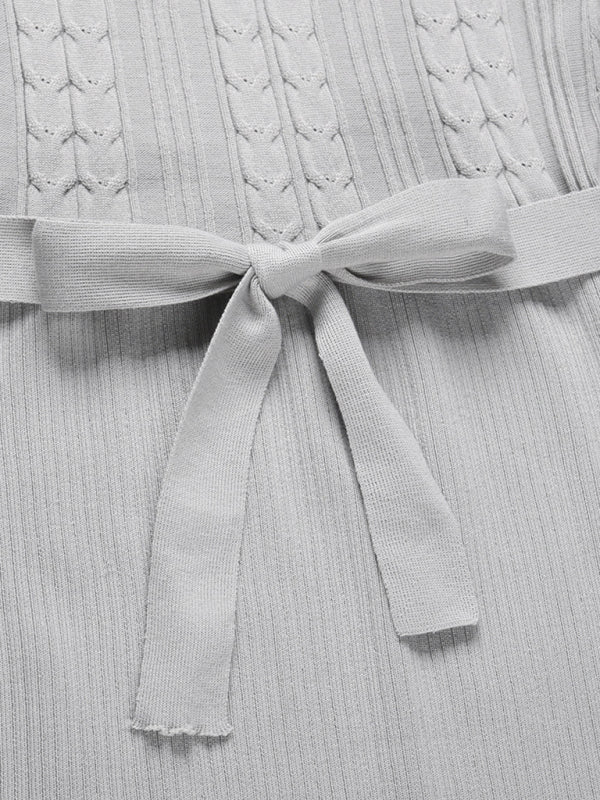 Sweater Dresses- Knit Sweater Belted Dress with Ribbed & Cable Detail, Puff Sleeve- - Pekosa Women Clothing