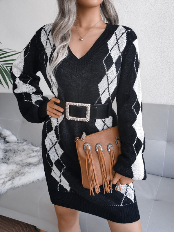 Sweater Dresses- Women's V Neck Knit Wool Sweater Dress for Fall/Winter! - Without Belt- Black- Pekosa Women Clothing