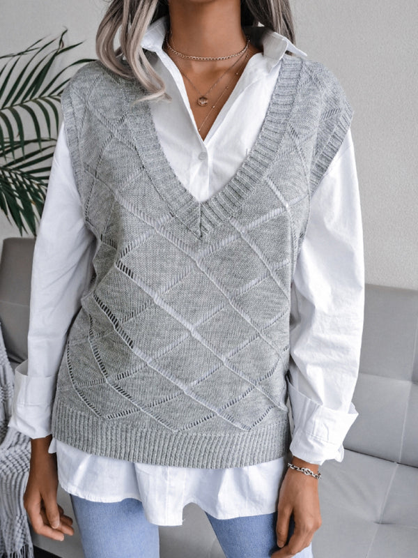 Sweater Vests- Knitted Sweater - Diamond Openwork Ribbed Vest- - Pekosa Women Clothing