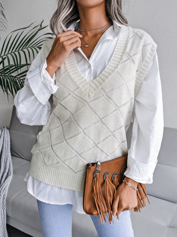 Sweater Vests- Knitted Sweater - Diamond Openwork Ribbed Vest- - Pekosa Women Clothing