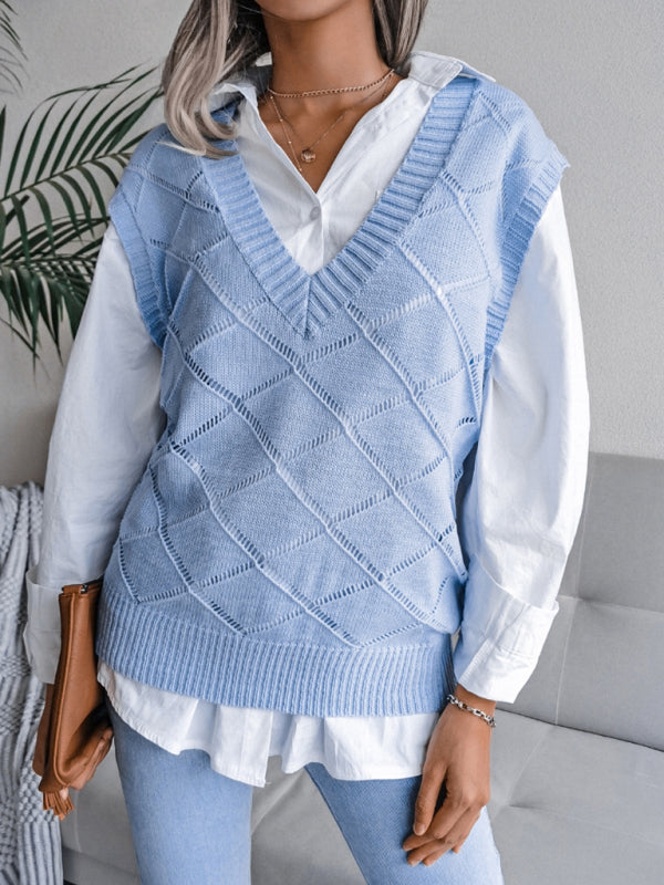 Sweater Vests- Knitted Sweater - Diamond Openwork Ribbed Vest- - Pekosa Women Clothing