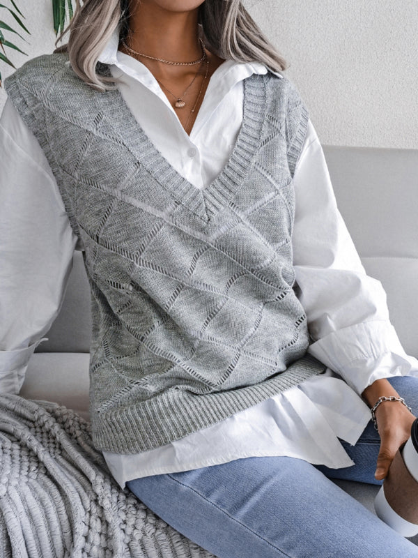 Sweater Vests- Knitted Sweater - Diamond Openwork Ribbed Vest- - Pekosa Women Clothing