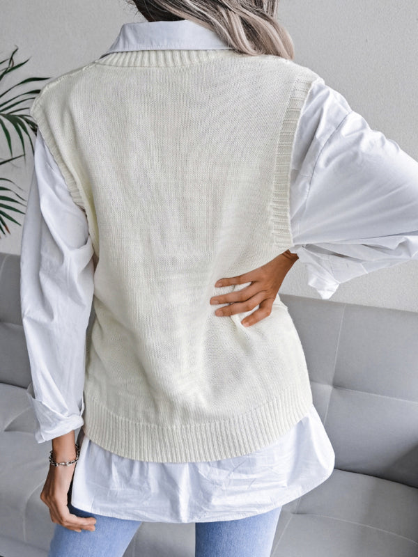 Sweater Vests- Knitted Sweater - Diamond Openwork Ribbed Vest- - Pekosa Women Clothing