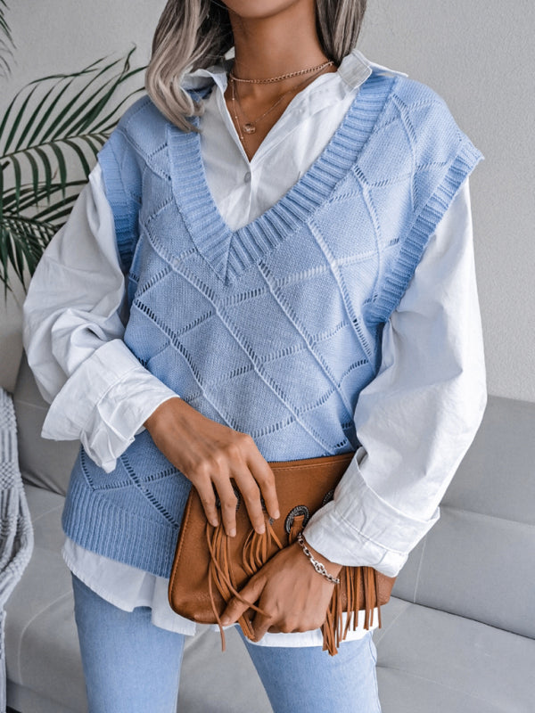 Sweater Vests- Knitted Sweater - Diamond Openwork Ribbed Vest- - Pekosa Women Clothing
