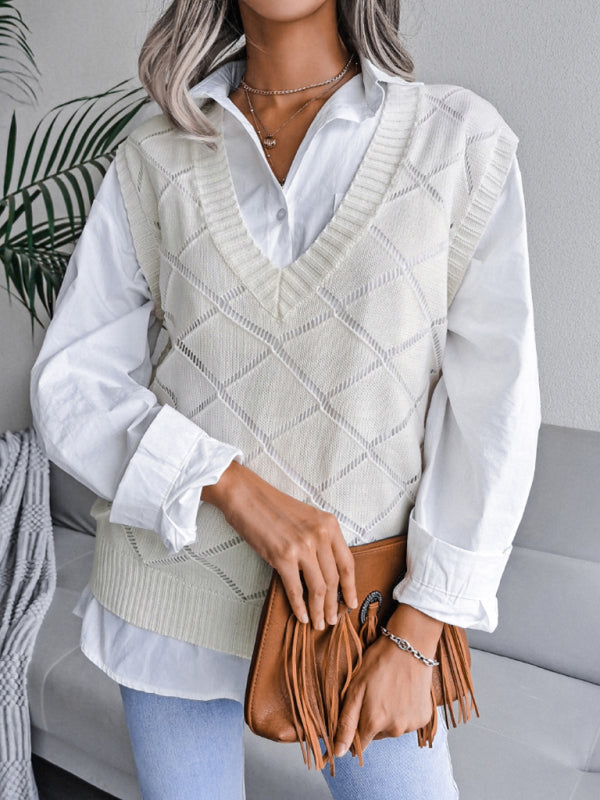 Sweater Vests- Knitted Sweater - Diamond Openwork Ribbed Vest- - Pekosa Women Clothing