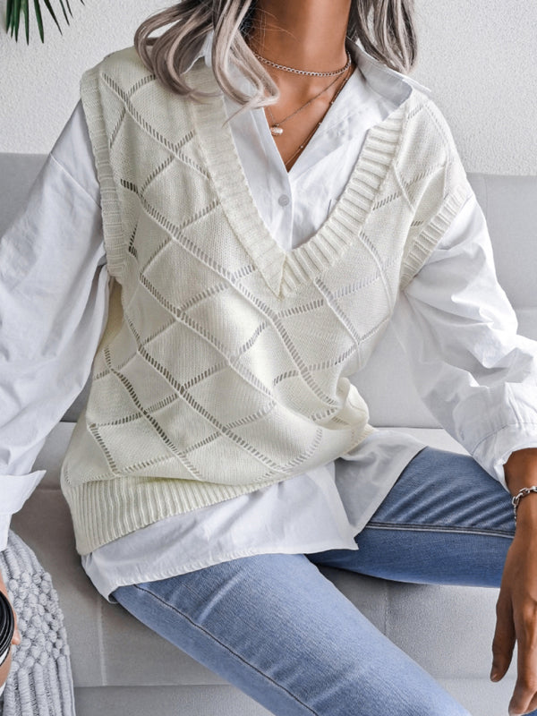 Sweater Vests- Knitted Sweater - Diamond Openwork Ribbed Vest- - Pekosa Women Clothing