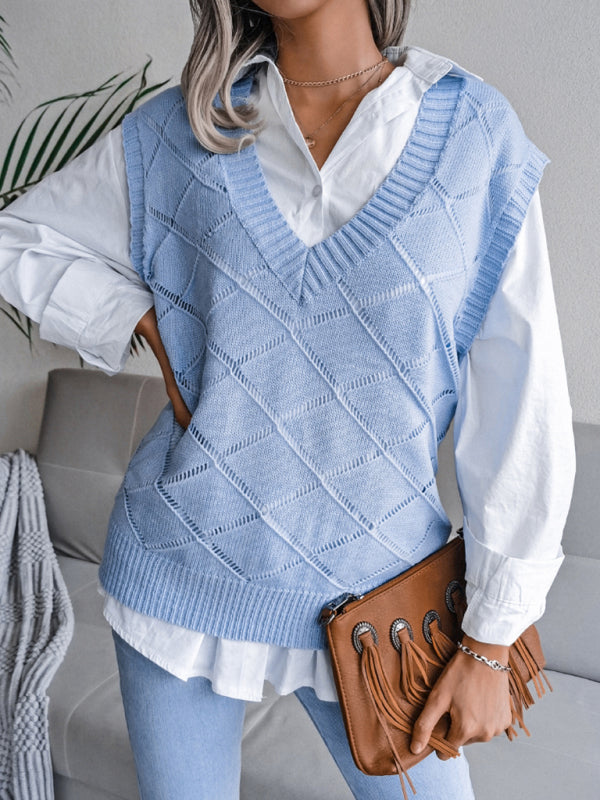 Sweater Vests- Knitted Sweater - Diamond Openwork Ribbed Vest- - Pekosa Women Clothing
