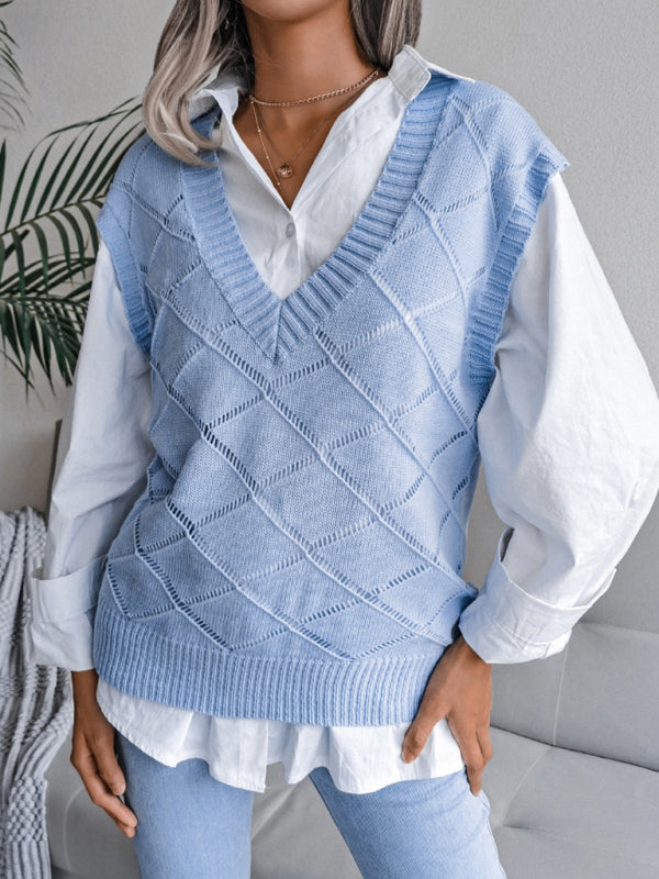 Sweater Vests- Knitted Sweater - Diamond Openwork Ribbed Vest- Blue- Pekosa Women Clothing
