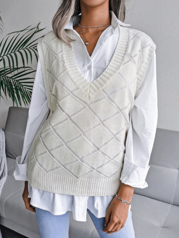 Sweater Vests- Knitted Sweater - Diamond Openwork Ribbed Vest- White- Pekosa Women Clothing
