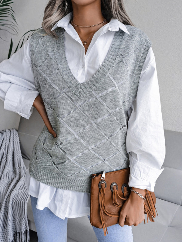Sweater Vests- Knitted Sweater - Diamond Openwork Ribbed Vest- - Pekosa Women Clothing