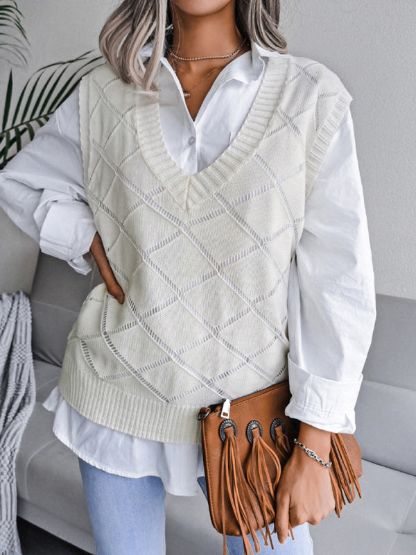 Sweater Vests- Knitted Sweater - Diamond Openwork Ribbed Vest- - Pekosa Women Clothing