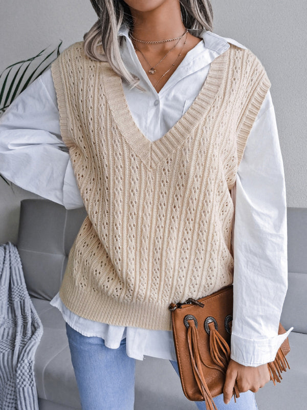 Sweater Vests- Knitted V Neck Sweater - Twist Cable Knit Vest- khaki- Pekosa Women Clothing