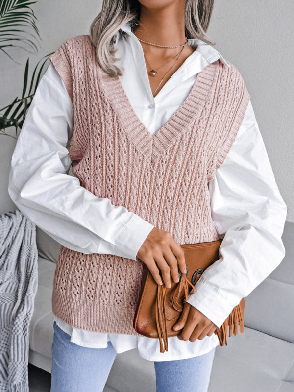 Sweater Vests- Knitted V Neck Sweater - Twist Cable Knit Vest- - Pekosa Women Clothing