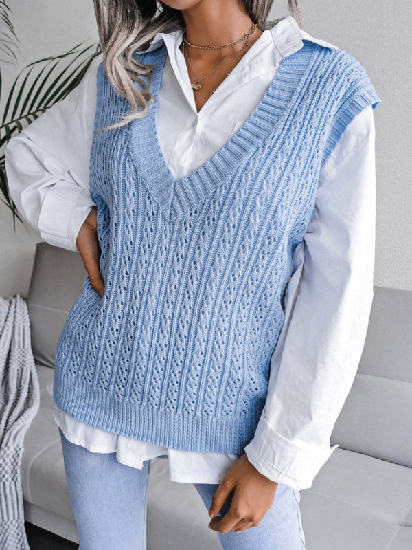 Sweater Vests- Knitted V Neck Sweater - Twist Cable Knit Vest- - Pekosa Women Clothing