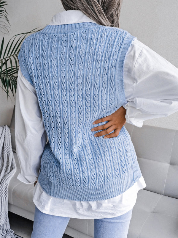 Sweater Vests- Knitted V Neck Sweater - Twist Cable Knit Vest- - Pekosa Women Clothing