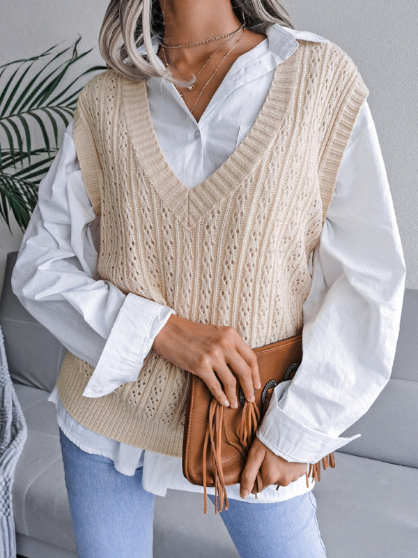 Sweater Vests- Knitted V Neck Sweater - Twist Cable Knit Vest- - Pekosa Women Clothing