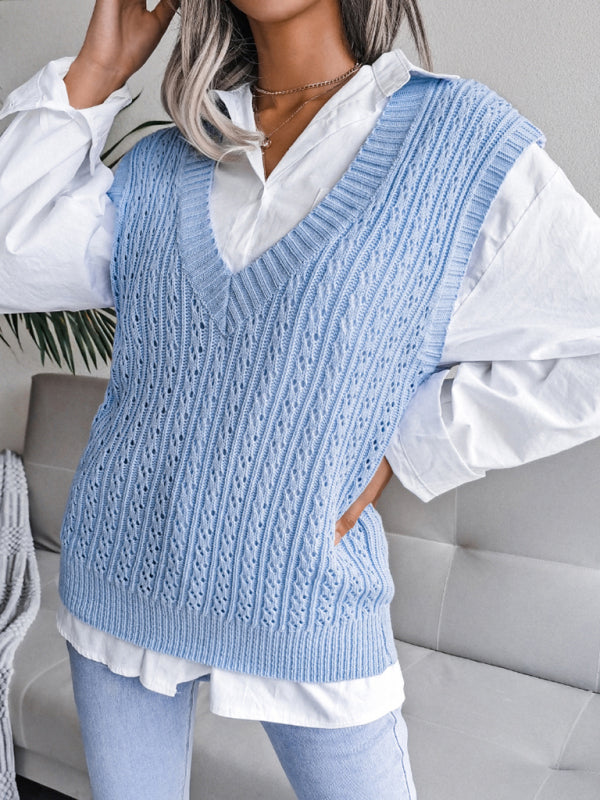 Sweater Vests- Knitted V Neck Sweater - Twist Cable Knit Vest- - Pekosa Women Clothing