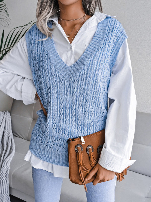 Sweater Vests- Knitted V Neck Sweater - Twist Cable Knit Vest- - Pekosa Women Clothing
