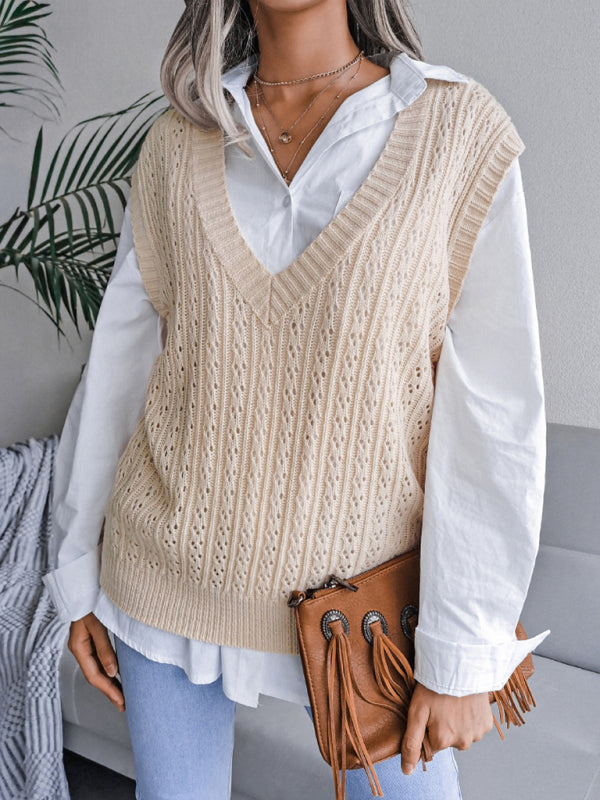 Sweater Vests- Knitted V Neck Sweater - Twist Cable Knit Vest- - Pekosa Women Clothing