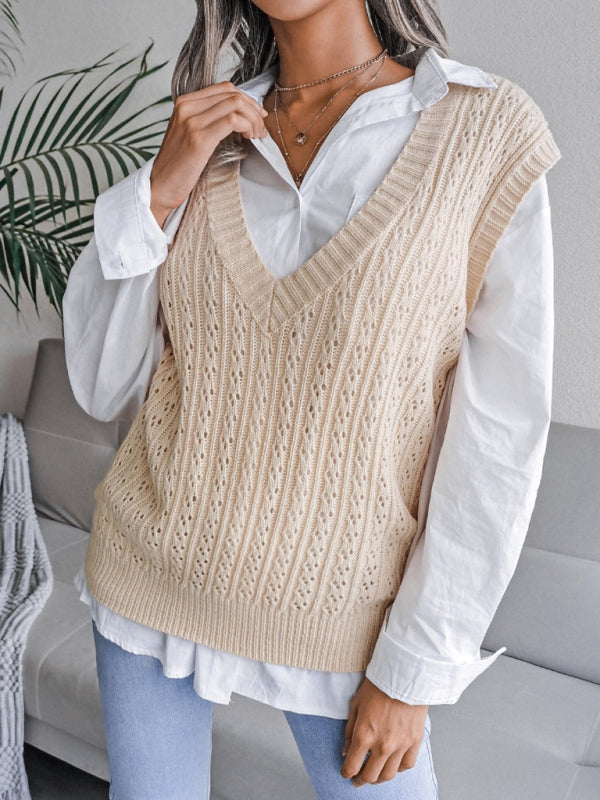 Sweater Vests- Knitted V Neck Sweater - Twist Cable Knit Vest- - Pekosa Women Clothing