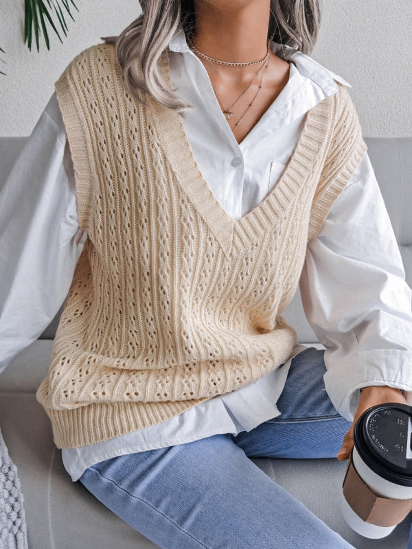 Sweater Vests- Knitted V Neck Sweater - Twist Cable Knit Vest- - Pekosa Women Clothing
