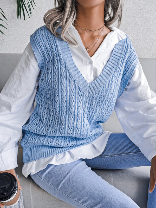 Sweater Vests- Knitted V Neck Sweater - Twist Cable Knit Vest- - Pekosa Women Clothing