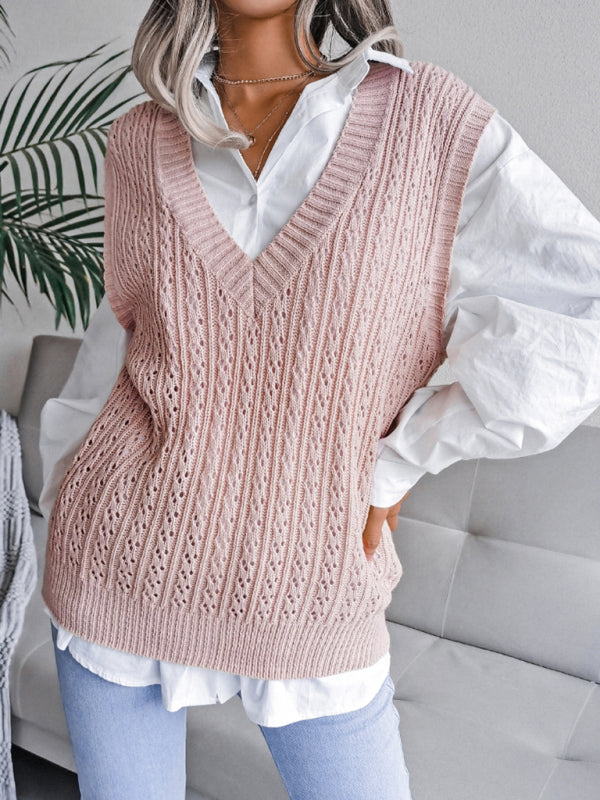Sweater Vests- Knitted V Neck Sweater - Twist Cable Knit Vest- - Pekosa Women Clothing