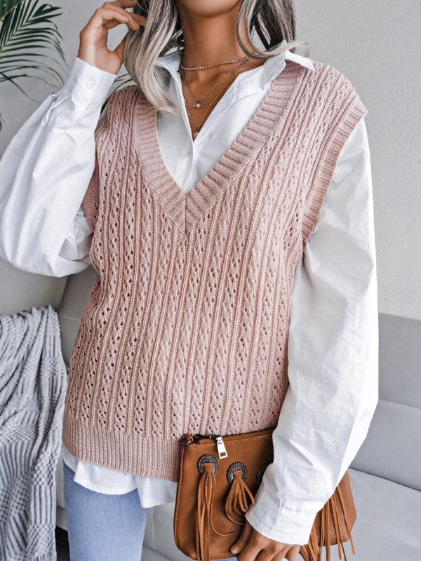 Sweater Vests- Knitted V Neck Sweater - Twist Cable Knit Vest- - Pekosa Women Clothing