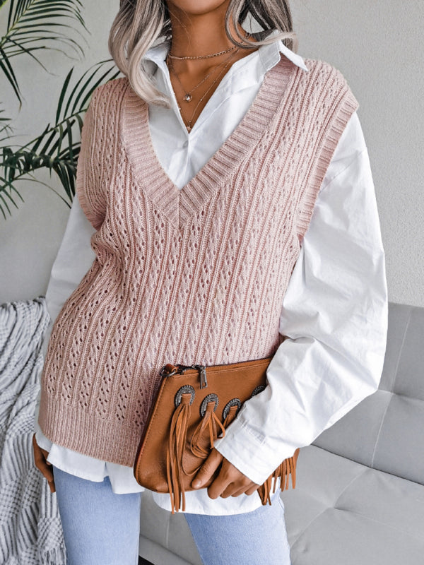 Sweater Vests- Knitted V Neck Sweater - Twist Cable Knit Vest- - Pekosa Women Clothing