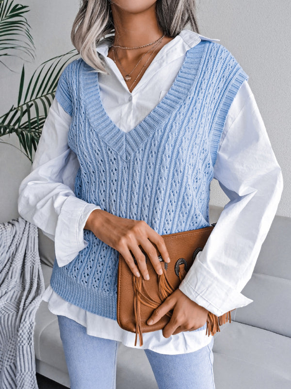 Sweater Vests- Knitted V Neck Sweater - Twist Cable Knit Vest- Blue- Pekosa Women Clothing