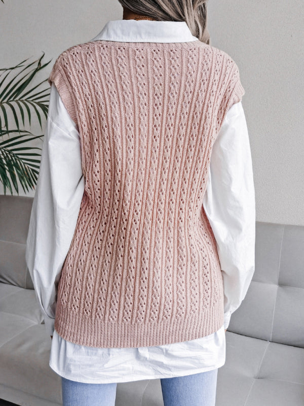 Sweater Vests- Knitted V Neck Sweater - Twist Cable Knit Vest- - Pekosa Women Clothing