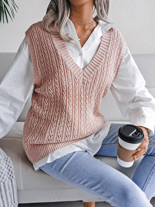 Sweater Vests- Knitted V Neck Sweater - Twist Cable Knit Vest- - Pekosa Women Clothing
