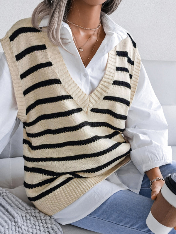 Sweater Vests- Stripe Knit V Neck Vest - Fall-Winter Sweater- khaki- Pekosa Women Clothing