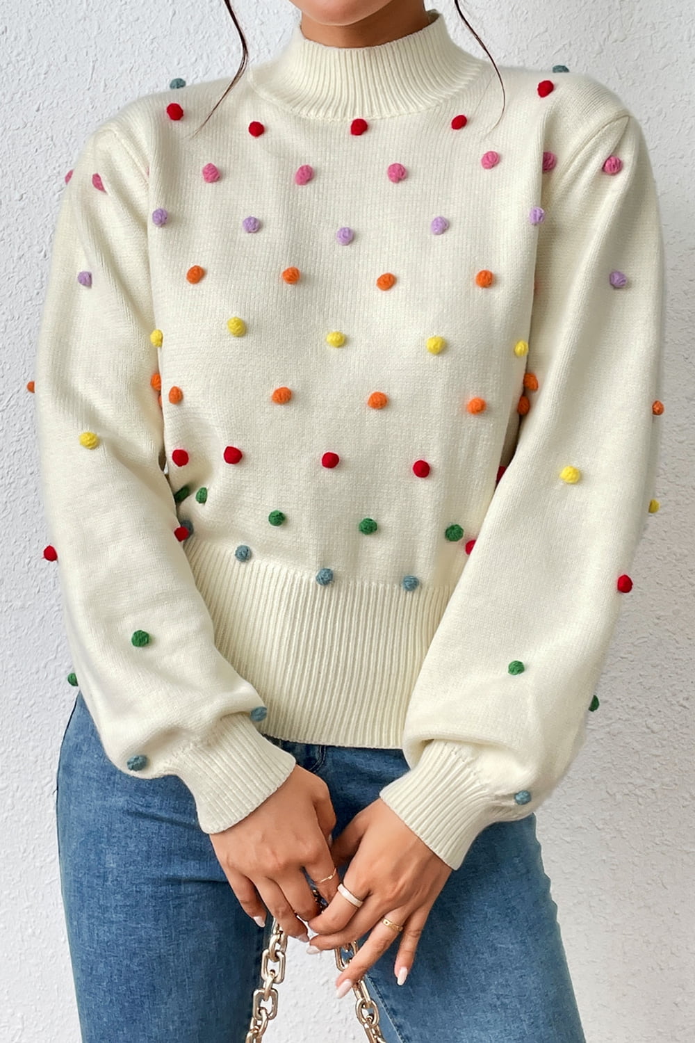 Sweater- Women's Rainbow Pom Pom Sweater - Fashionable Knitwear Pullover- - Pekosa Women Clothing