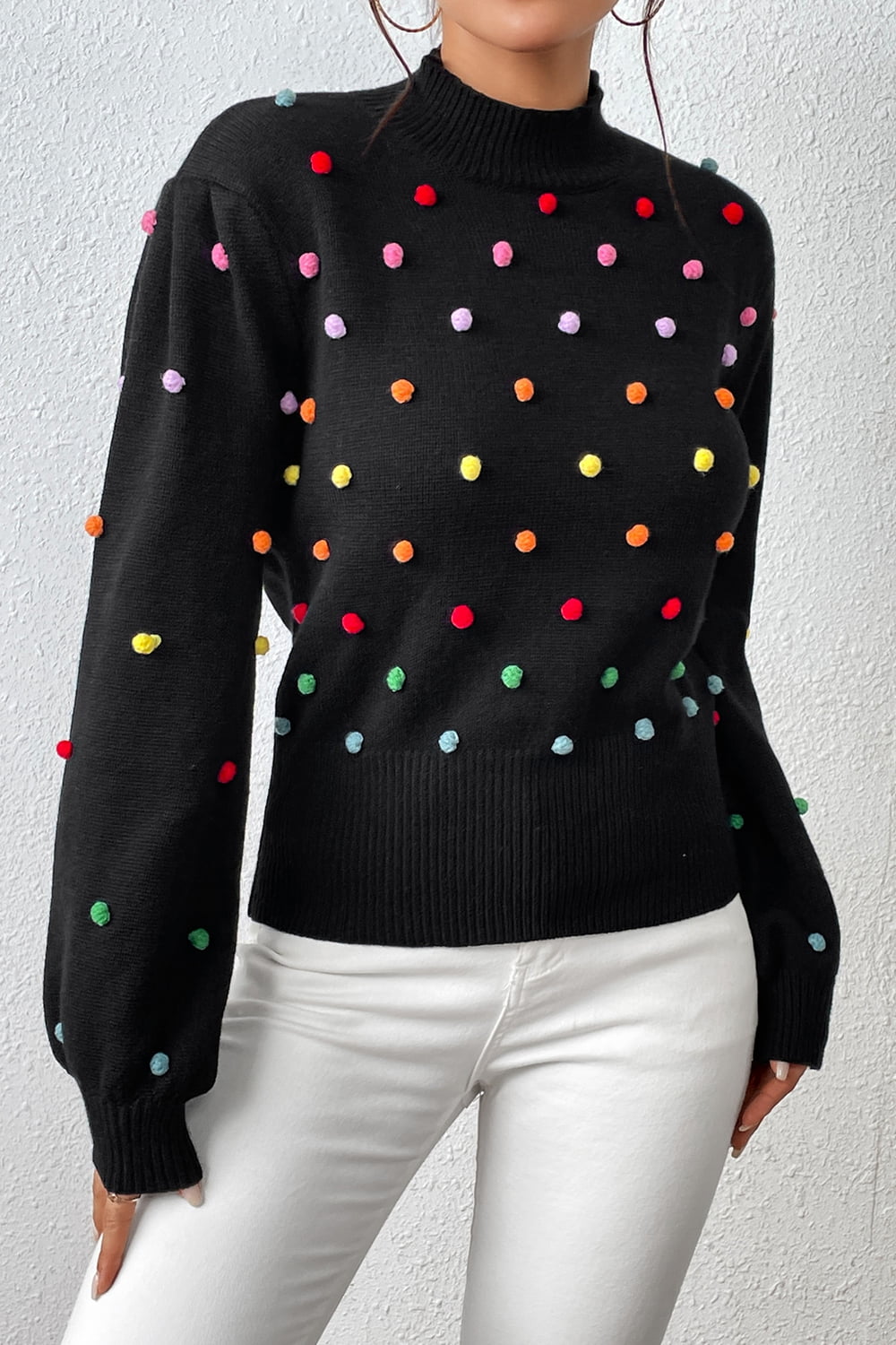 Sweater- Women's Rainbow Pom Pom Sweater - Fashionable Knitwear Pullover- - Pekosa Women Clothing