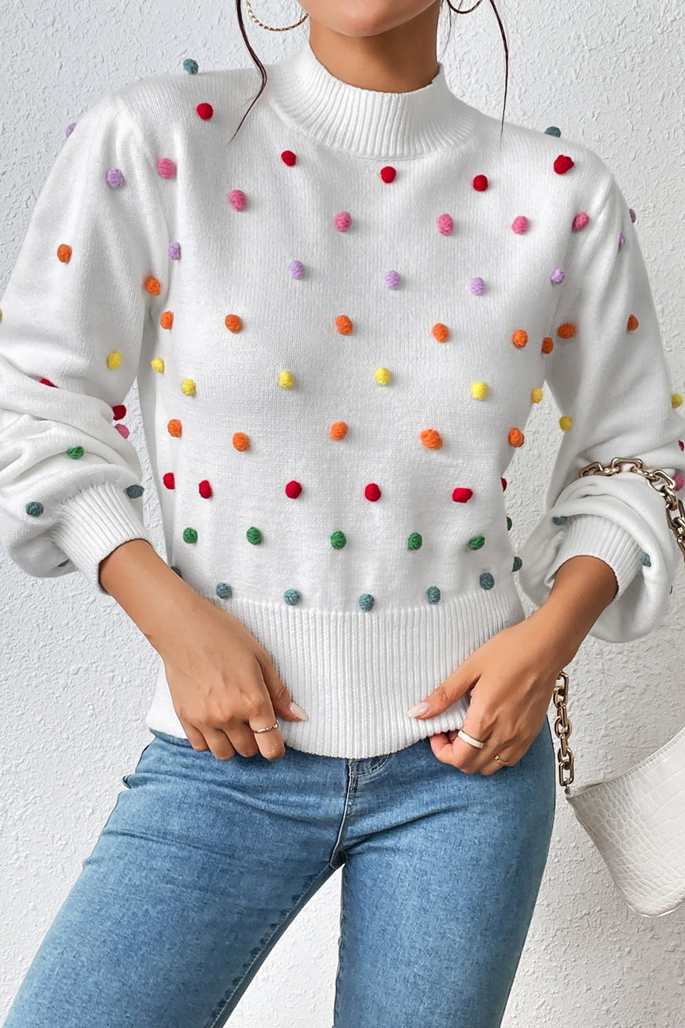 Sweater- Women's Rainbow Pom Pom Sweater - Fashionable Knitwear Pullover- - Pekosa Women Clothing