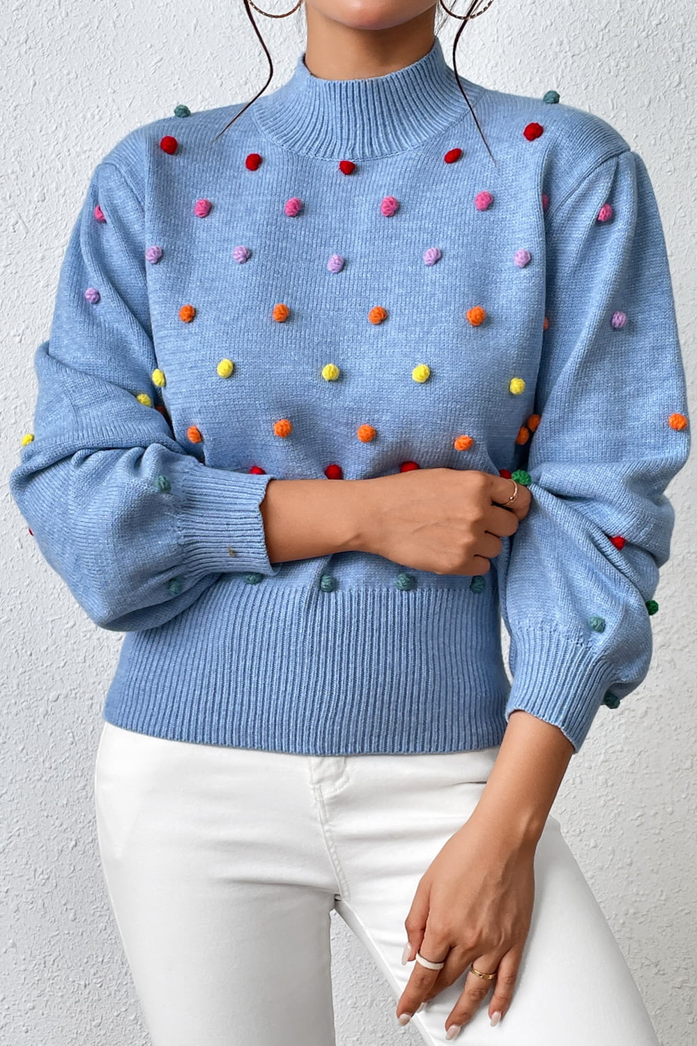 Sweater- Women's Rainbow Pom Pom Sweater - Fashionable Knitwear Pullover- - Pekosa Women Clothing
