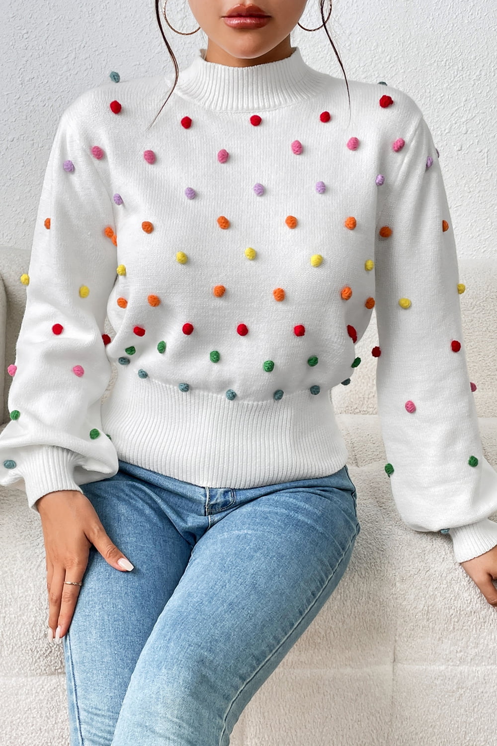Sweater- Women's Rainbow Pom Pom Sweater - Fashionable Knitwear Pullover- - Pekosa Women Clothing