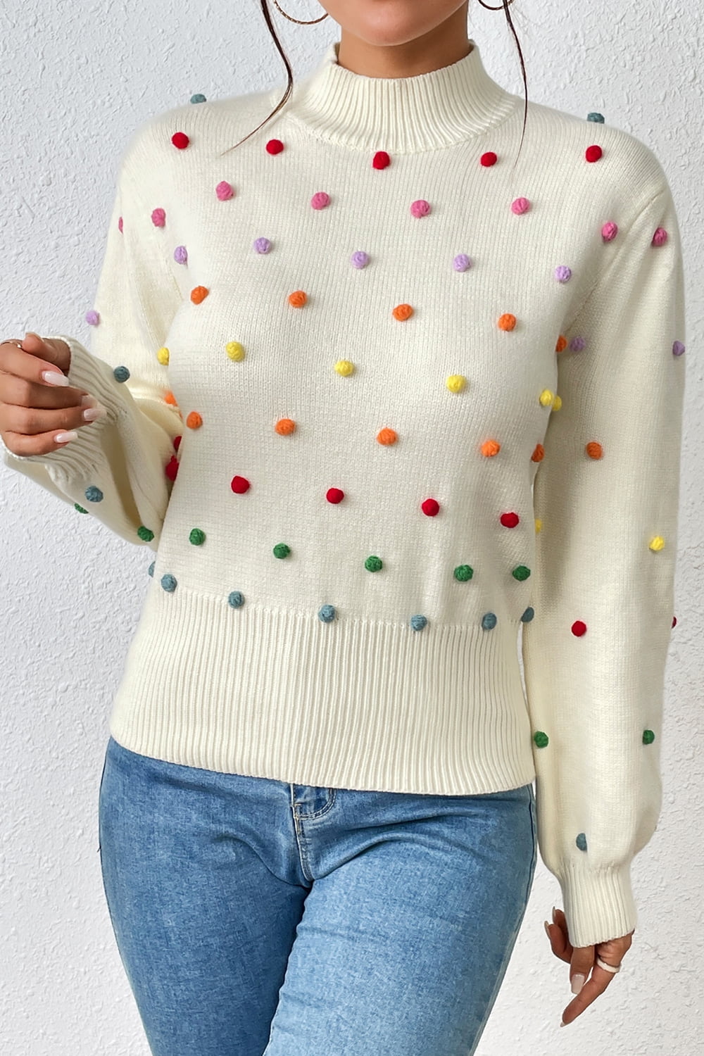 Sweater- Women's Rainbow Pom Pom Sweater - Fashionable Knitwear Pullover- - Pekosa Women Clothing