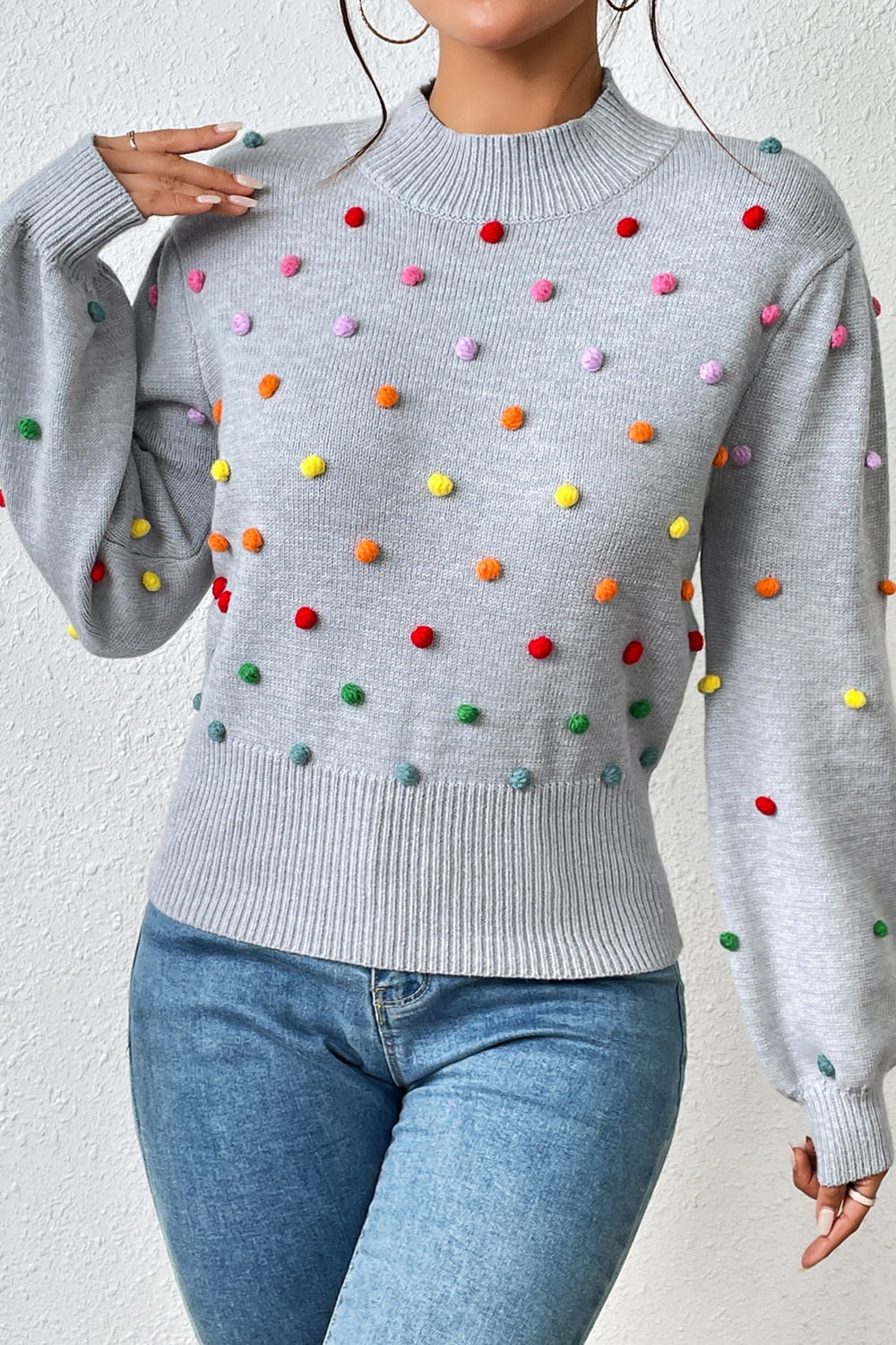 Sweater- Women's Rainbow Pom Pom Sweater - Fashionable Knitwear Pullover- - Pekosa Women Clothing