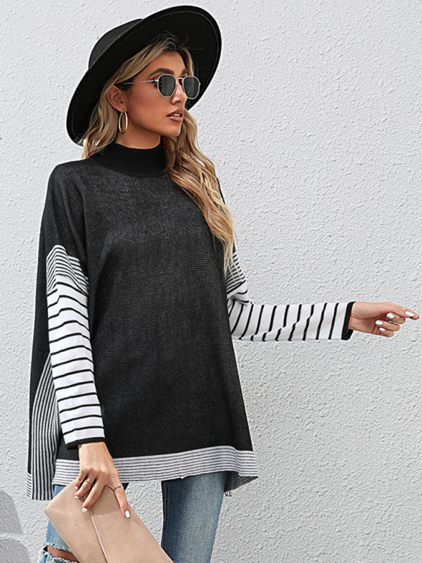 Sweaters- Autumn Patchwork Stripe Loose High Neck Sweater Top- - Pekosa Women Clothing