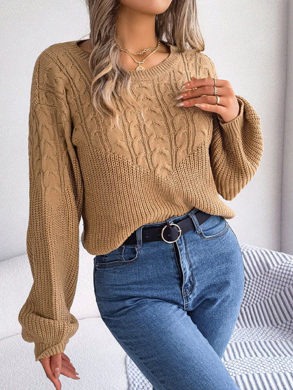 Sweaters- Cable Knitted Drop Shoulder Sweater- - Pekosa Women Clothing
