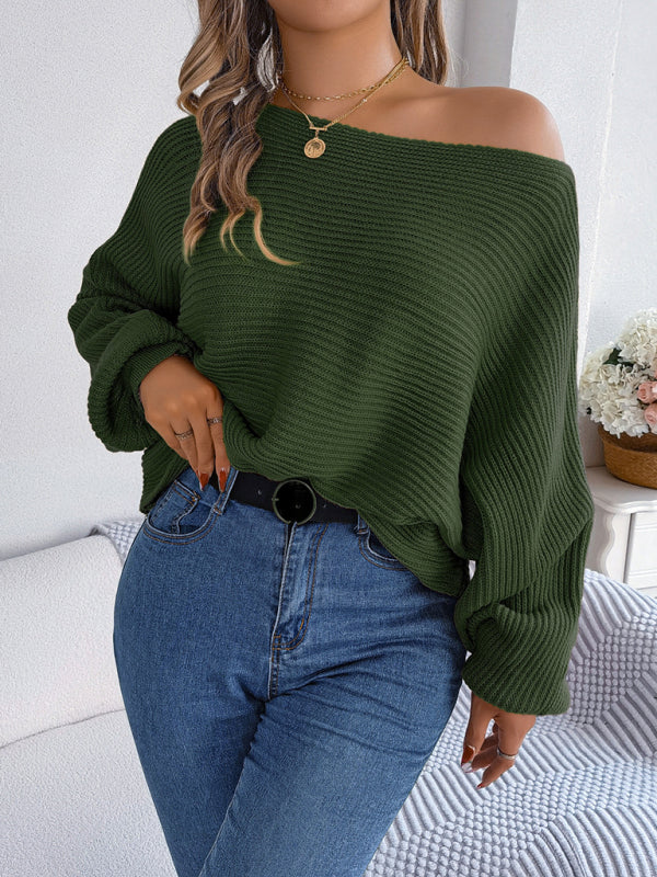 Sweaters- Casual Autumn-Winter Knit Batwing Sleeve Boatneck Sweater- - Pekosa Women Clothing