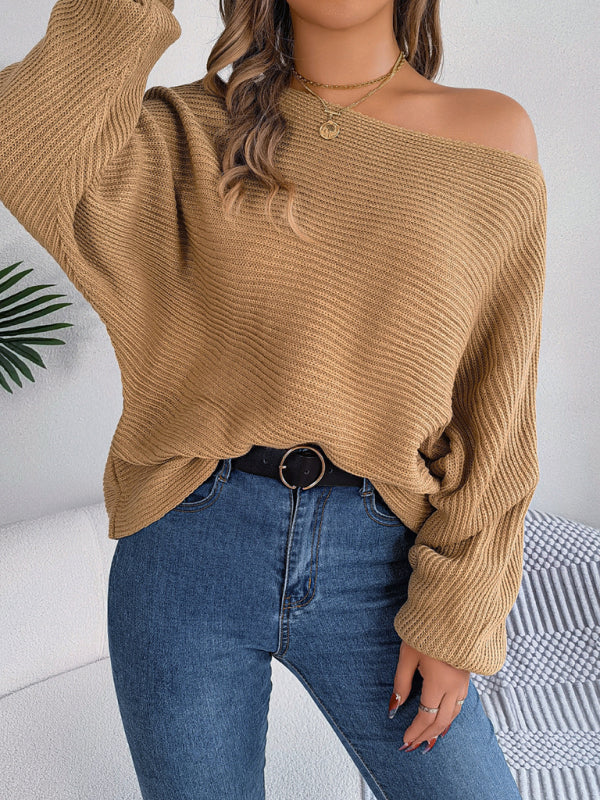 Sweaters- Casual Autumn-Winter Knit Batwing Sleeve Boatneck Sweater- - Pekosa Women Clothing