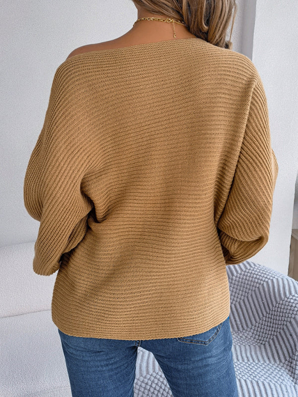 Sweaters- Casual Autumn-Winter Knit Batwing Sleeve Boatneck Sweater- - Pekosa Women Clothing