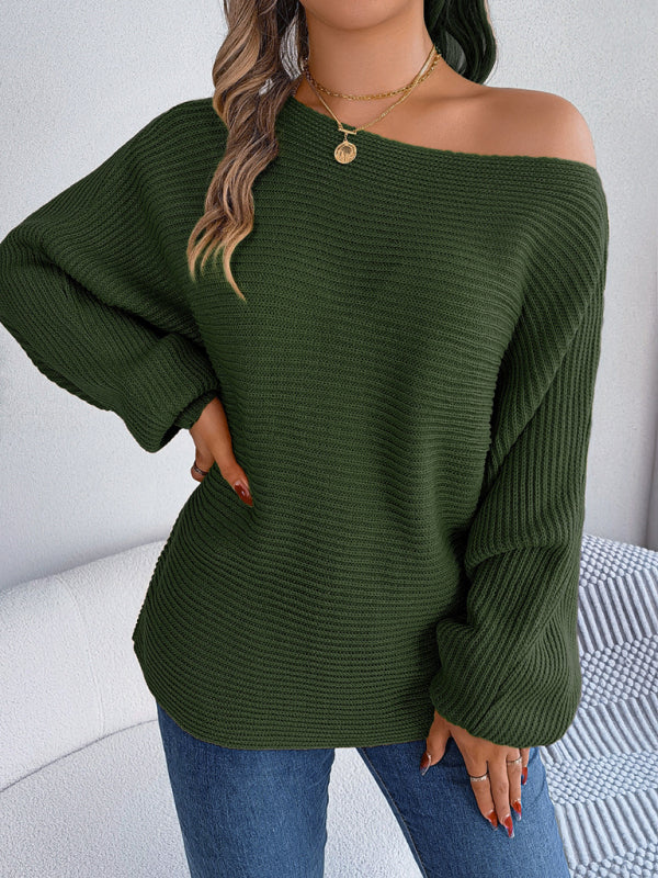 Sweaters- Casual Autumn-Winter Knit Batwing Sleeve Boatneck Sweater- - Pekosa Women Clothing