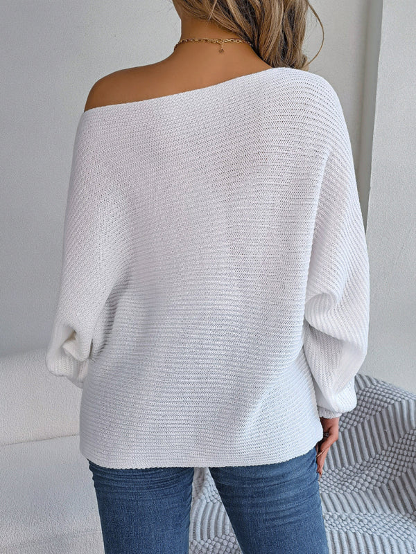 Sweaters- Casual Autumn-Winter Knit Batwing Sleeve Boatneck Sweater- - Pekosa Women Clothing