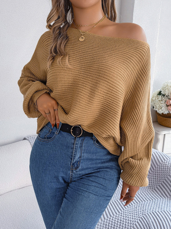 Sweaters- Casual Autumn-Winter Knit Batwing Sleeve Boatneck Sweater- - Pekosa Women Clothing