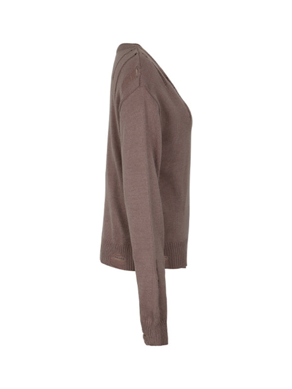 Sweaters- Distressed Knit Sweater for Any Occasion- - Pekosa Women Clothing