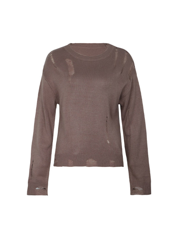 Sweaters- Distressed Knit Sweater for Any Occasion- - Pekosa Women Clothing